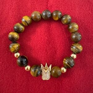 Nate D. Beaded Tiger Eye Bracelet with Pave' Royalty Crown Charm